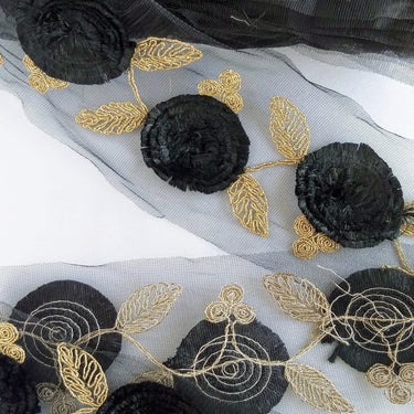 Black Net Lace Trim With Black Thread Flowers and Gold Leaves Embroidery, Approx. 95mm wide